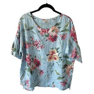 BELLAMBRA Floral Blouse Linen Short Sleeve Round Neck Pullover Blue Red Small